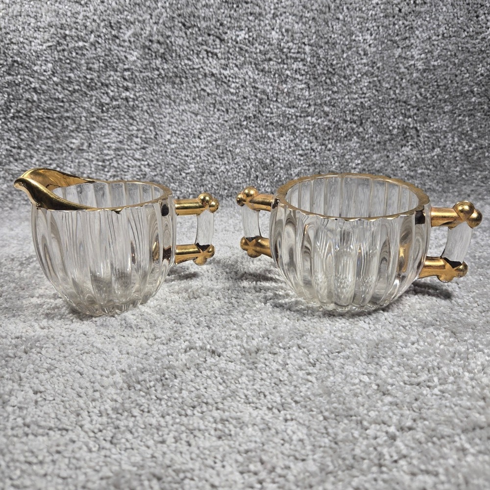 Jeannette Creamer Sugar Set National Gold Trim Clear Hobnail Bottom 22K Vintage
